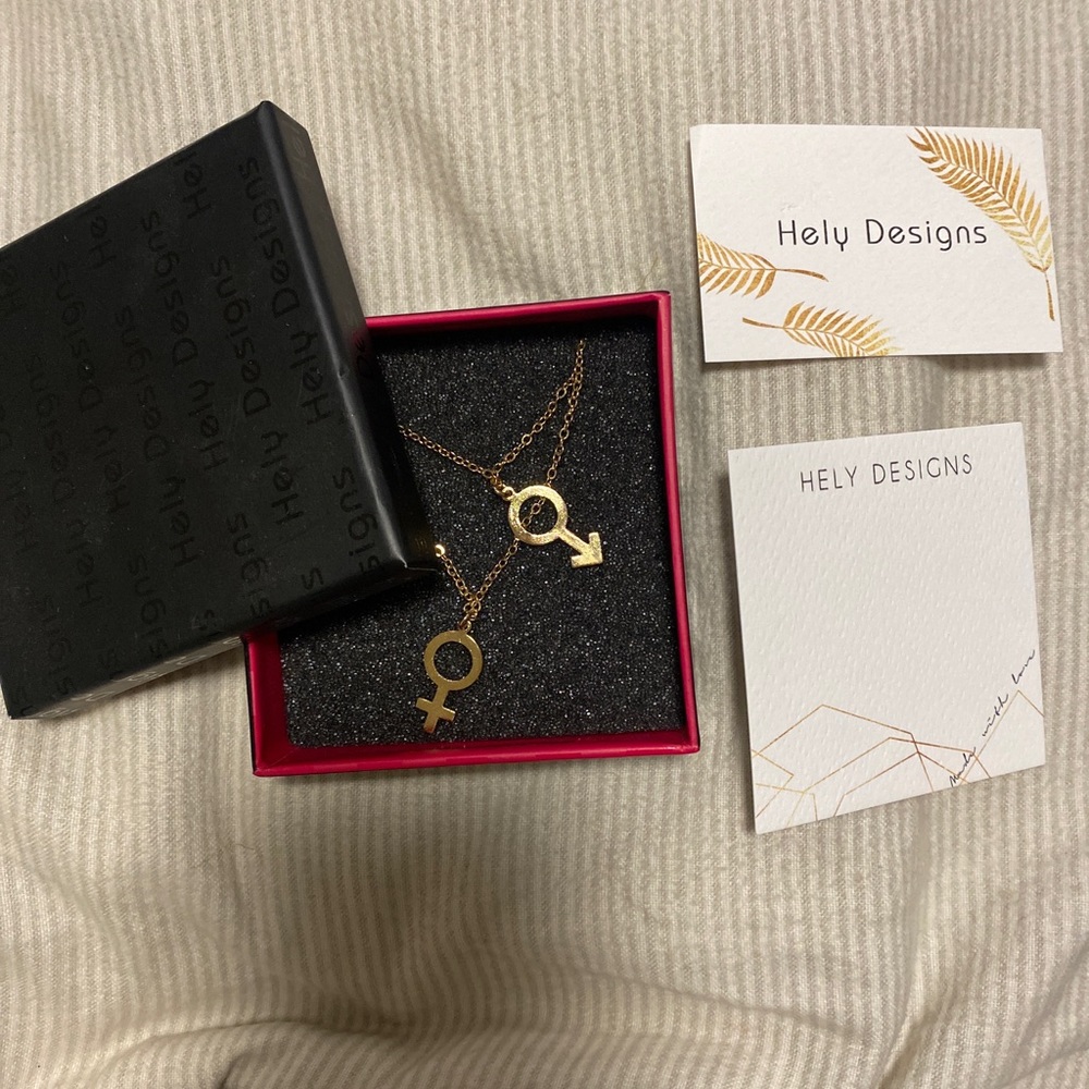 Hely Designs male and female gold couples necklace